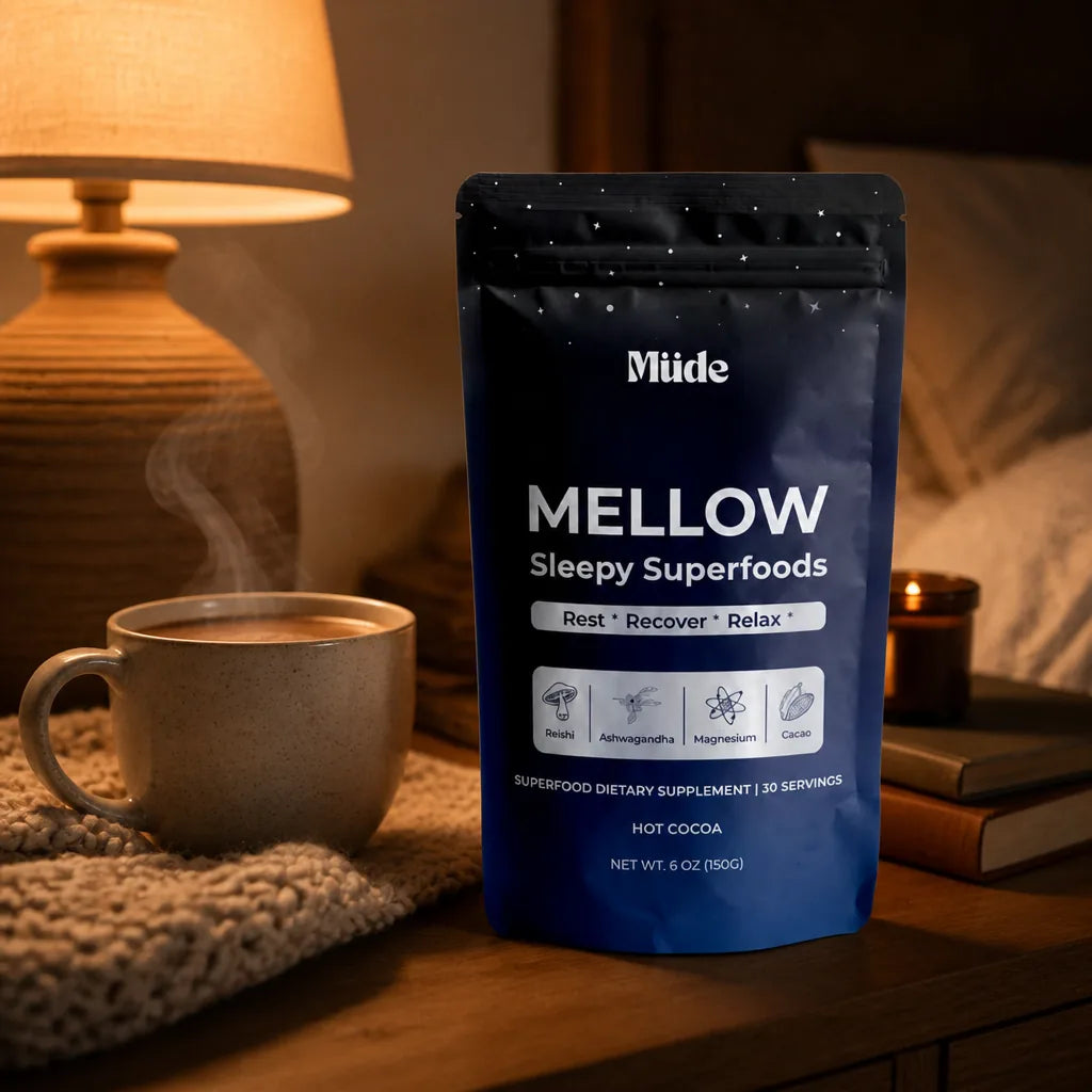 Mellow pouch beside a warm mug of cocoa on a wooden nightstand at dusk