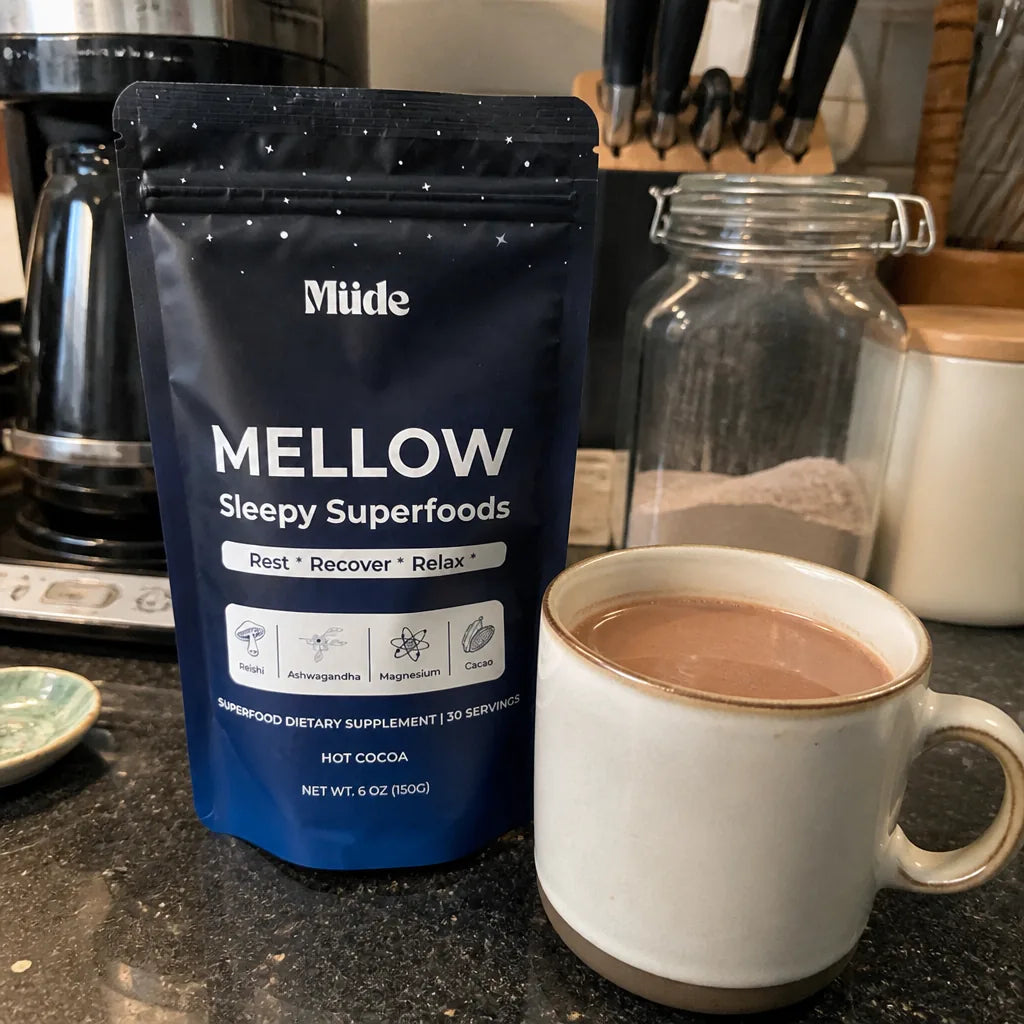 Mellow pouch on a kitchen counter next to a mug of cocoa