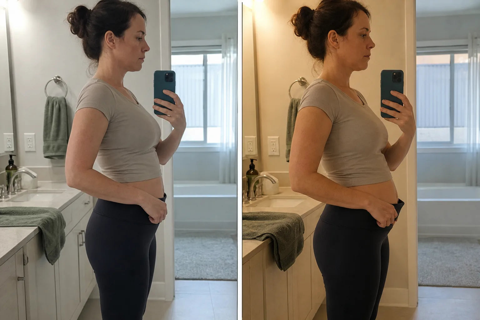 The same woman showing how her waist changes between morning and evening