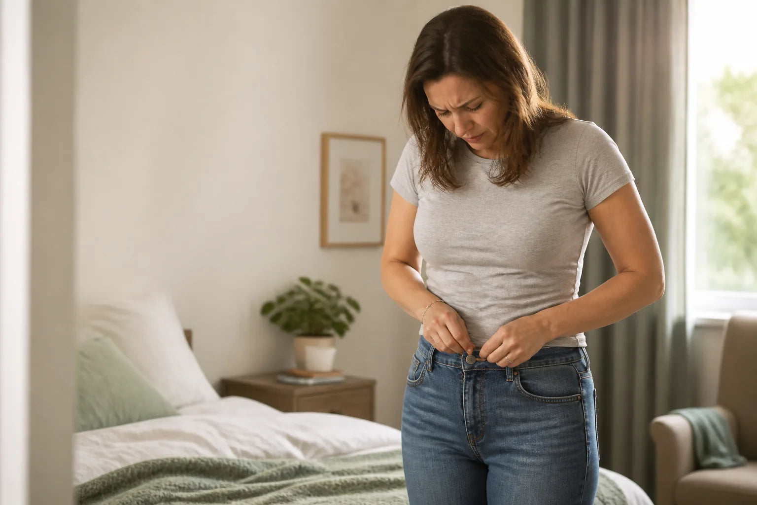 Woman struggling to button jeans that feel tight around her stomach
