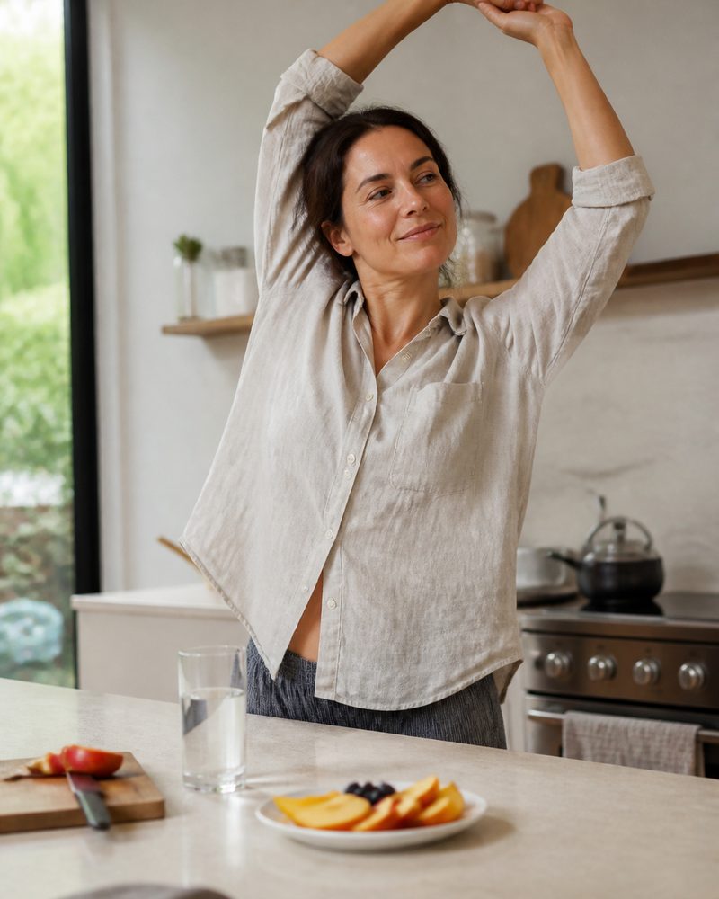 A woman stretching comfortably in her kitchen at breakfast