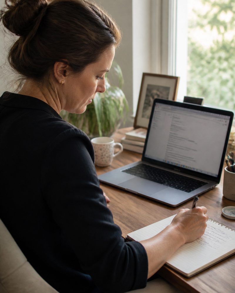 A woman writing notes at a bright desk, focused
