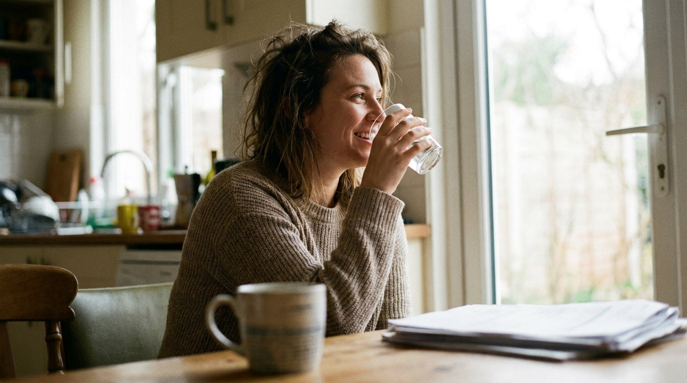 A woman drinking a glass of water at her kitchen table