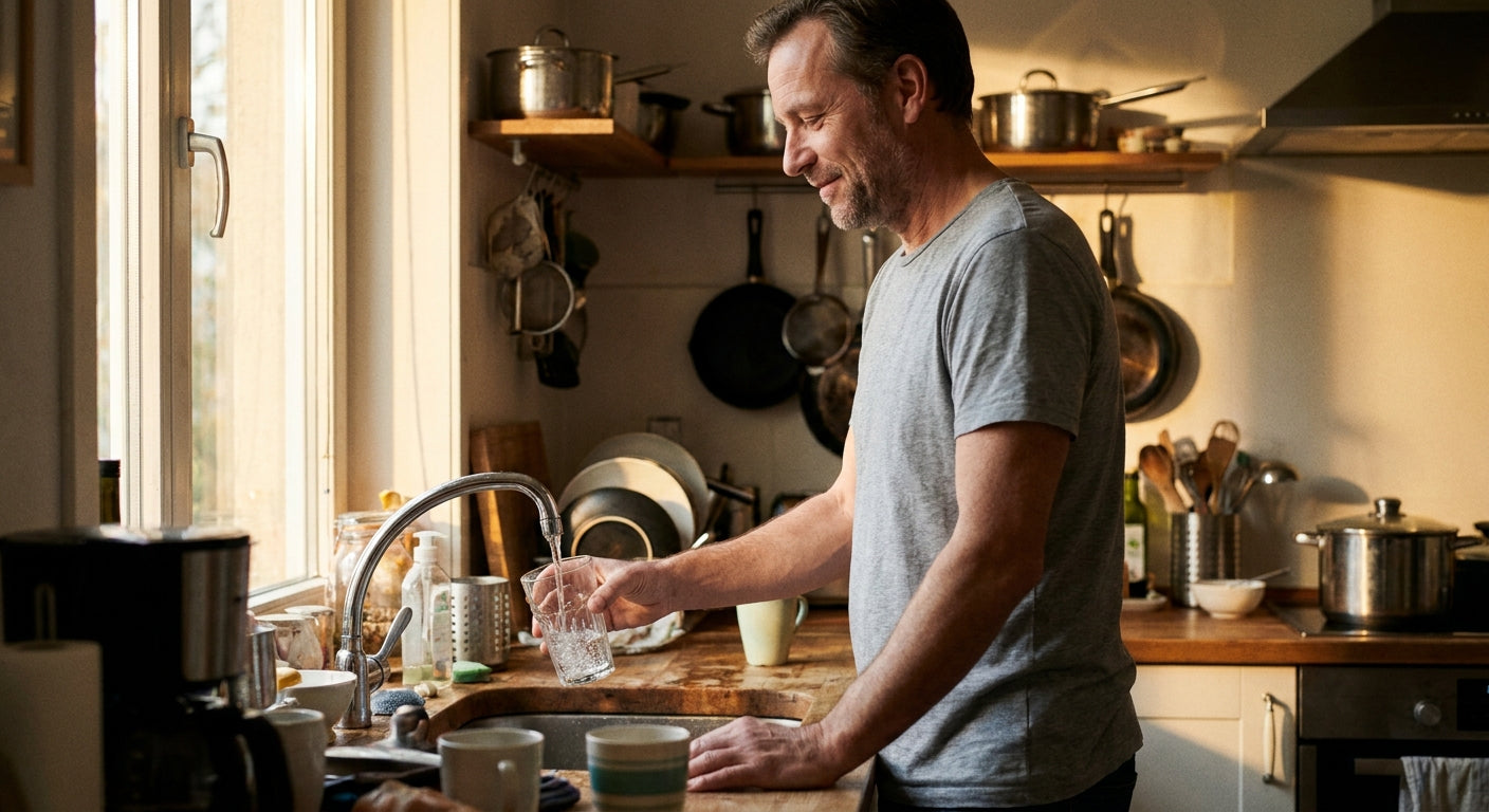 Pouring a clean glass of filtered water at home