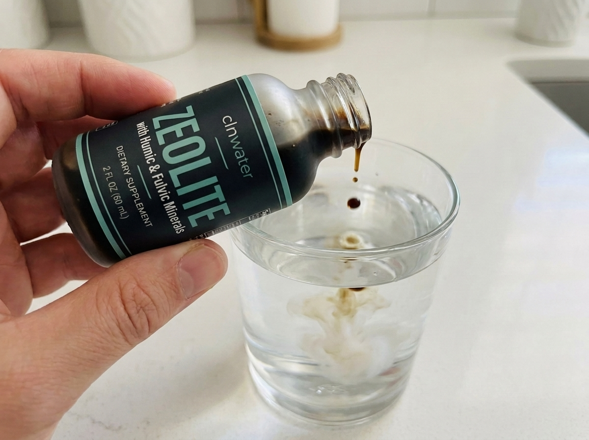 Cleansed zeolite drops dosed into a glass of water