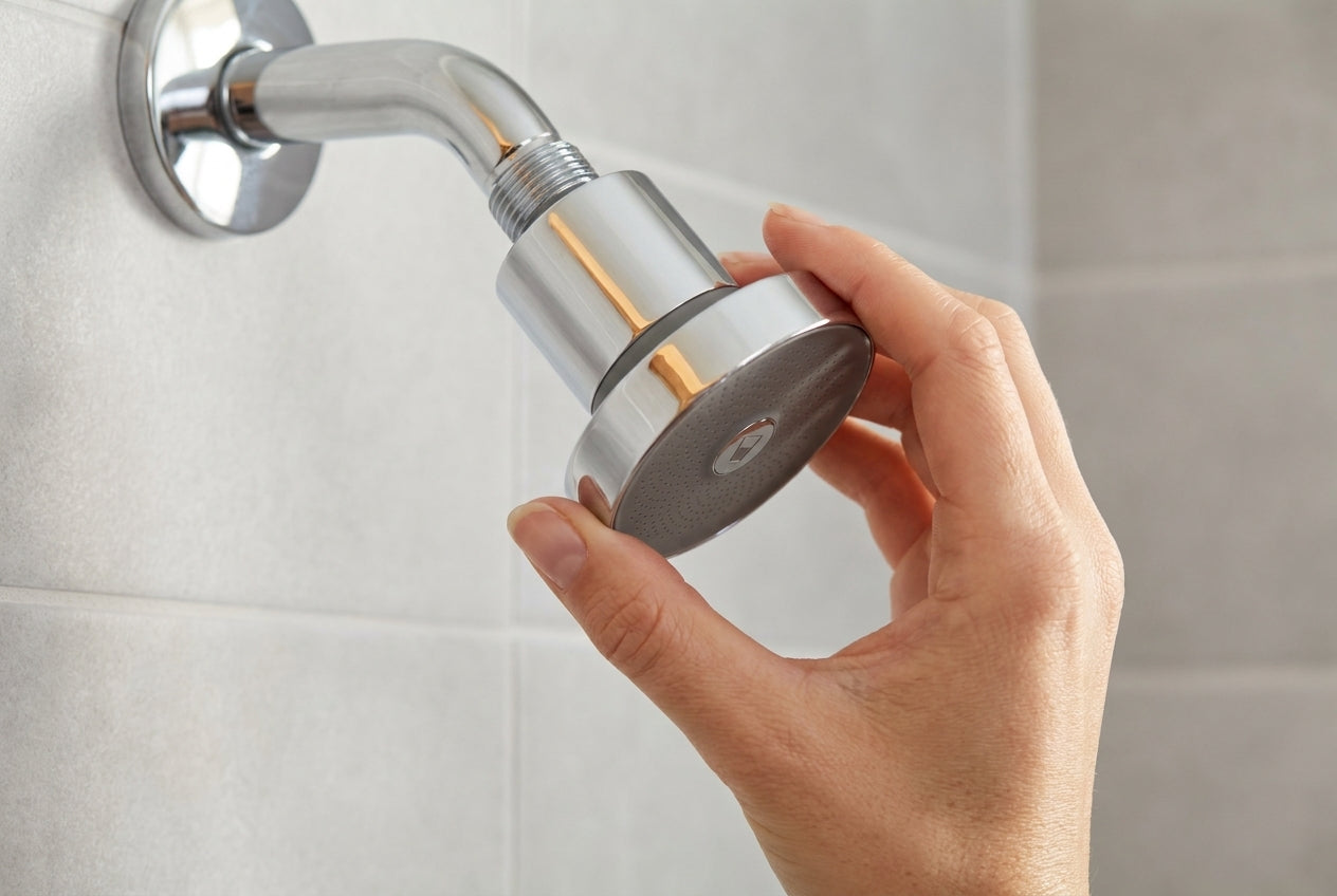 Hand-tightening the Halo shower head onto a standard arm.