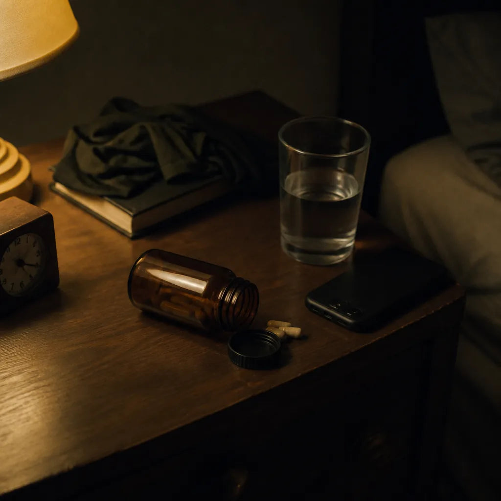 Nightstand at 3am: an amber gummy bottle with the cap off, a phone face-down, a glass of water, a clock reading 3:12. Single warm lamp, heav