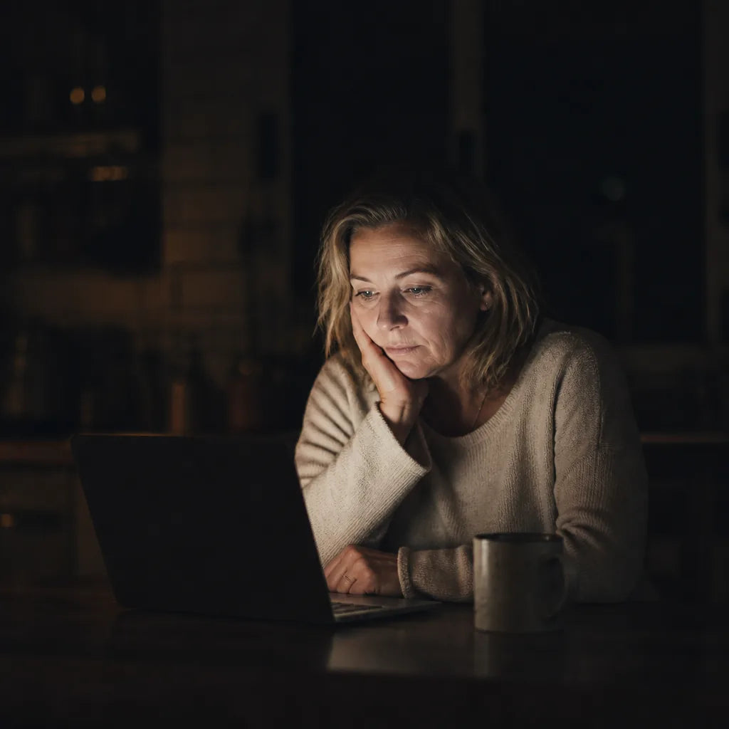 Same woman, 4am, at a kitchen table in the dark, laptop open, face lit only by the screen. Tired, not defeated. Warm dark grade, deep shadow