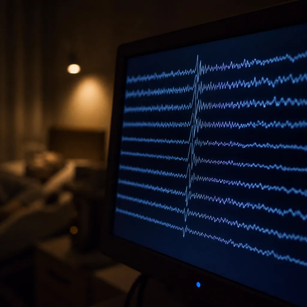 Close on a sleep technician's monitor at night: multi-channel EEG traces scrolling, a spike visible mid-screen. Room dark, screen the only l