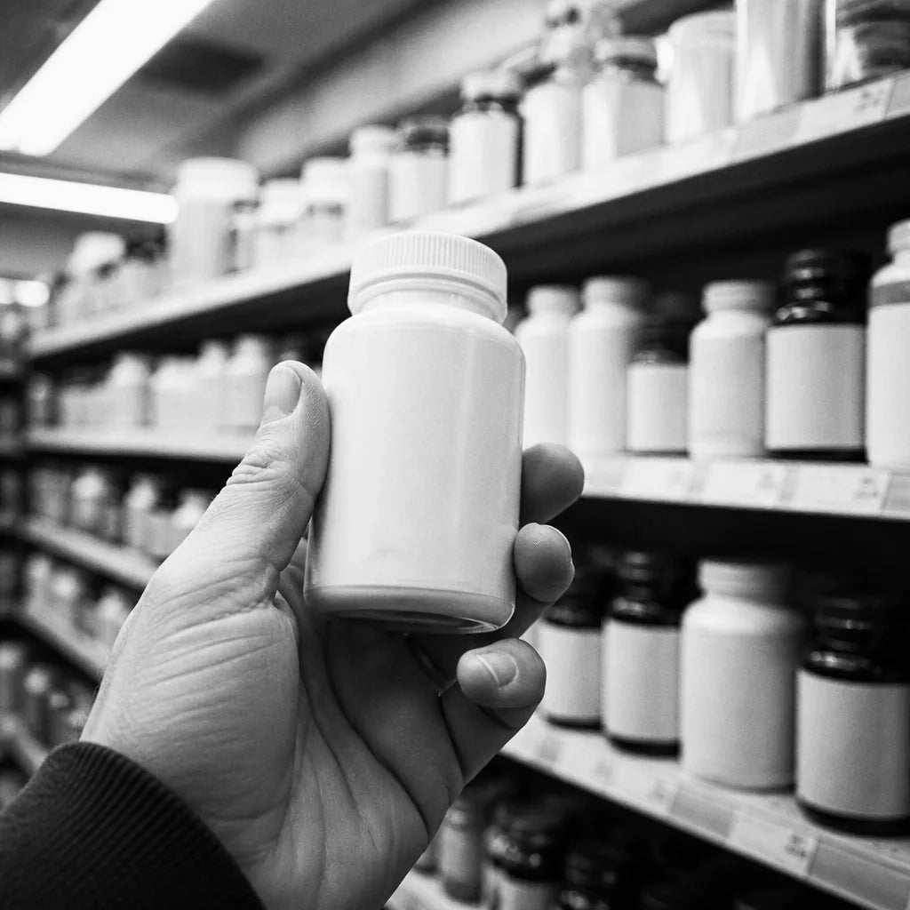 Black and white. A hand holding a sleep-aid bottle up close in a pharmacy aisle, rows of similar bottles blurred behind. Reading the label.