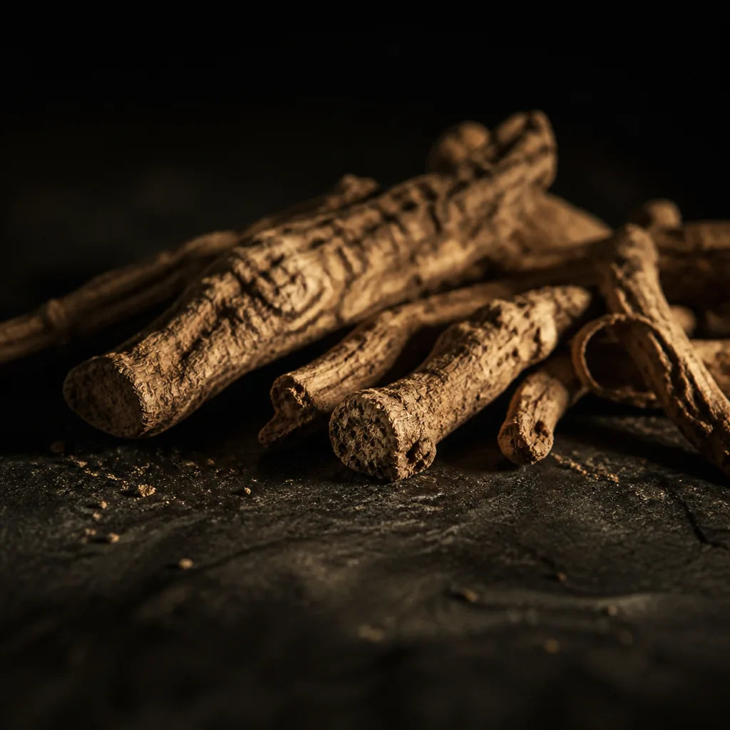 Dried ashwagandha root on dark stone, single hard side light, deep shadow, earthy and moody. Editorial, filmic, not bright, not stock catalo