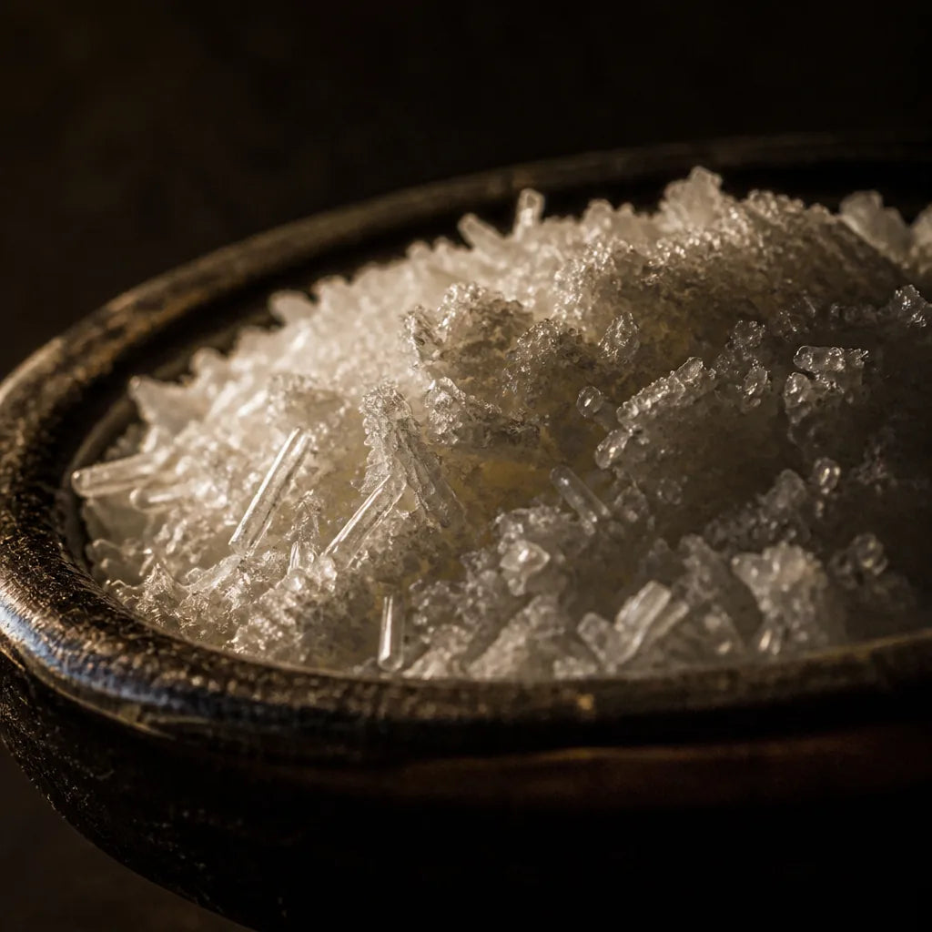 Macro of white crystalline magnesium powder in a small dark dish, raking light picking out the crystal facets. Deep shadow, moody, scientifi