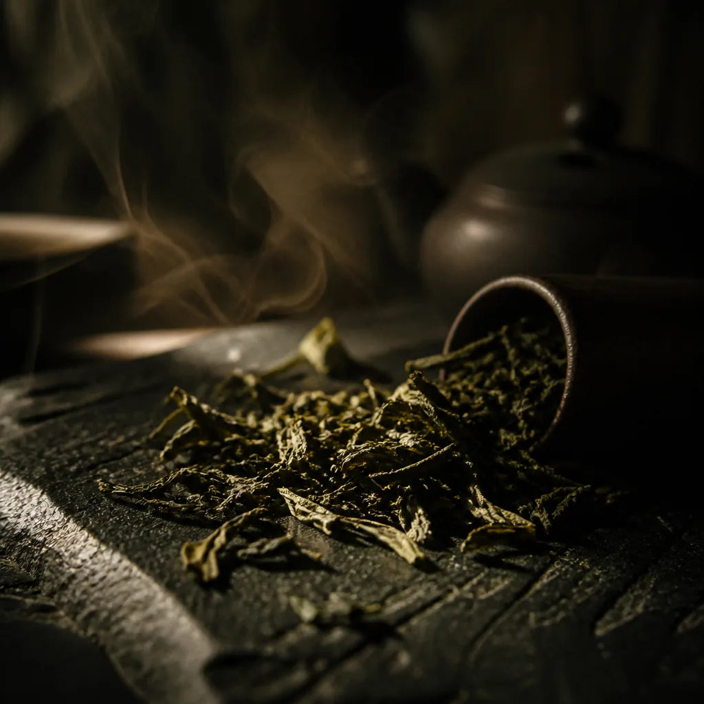 Loose green tea leaves spilling across dark slate, single low warm light, steam catching the beam. Moody, editorial, deep shadow, filmic. No