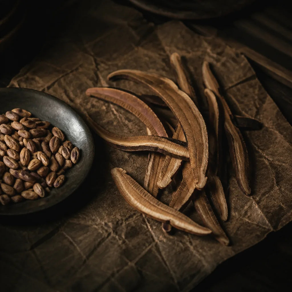 Dried jujube seeds and thin reishi mushroom slices arranged on aged dark paper, one warm raking light. Apothecary, deep shadow, filmic, quie