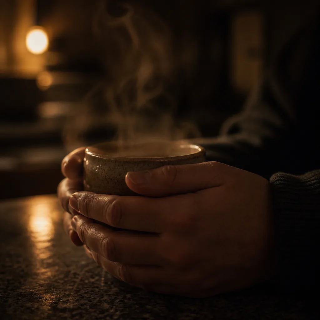 Two hands wrapped around a warm mug on a dark kitchen counter at night, steam rising through a single low warm light. Cropped close, cosy, t