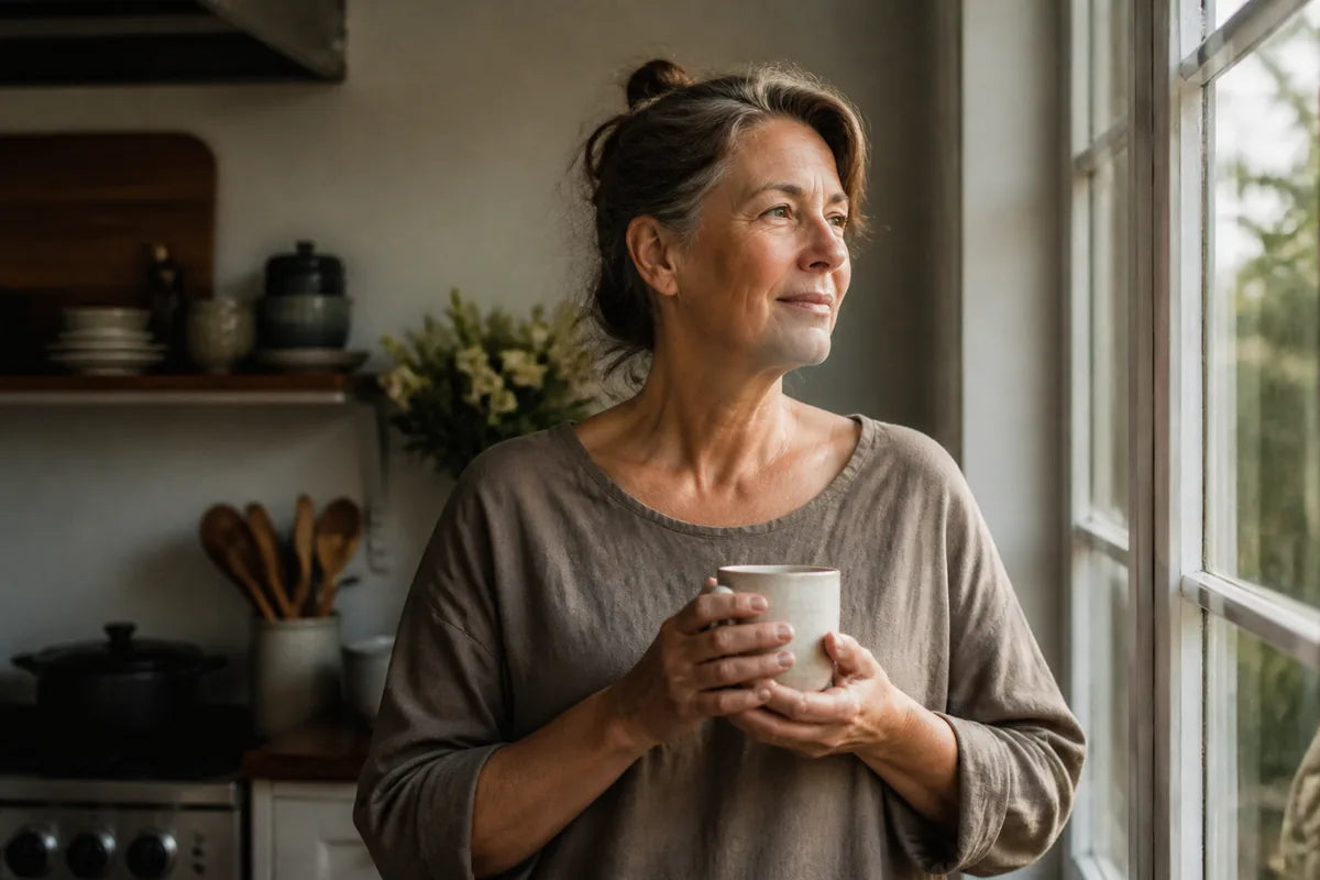 Woman, mid-50s, at a kitchen window in early morning light with a coffee, clear-eyed and unhurried, looking out. Warm soft light, filmic, ho