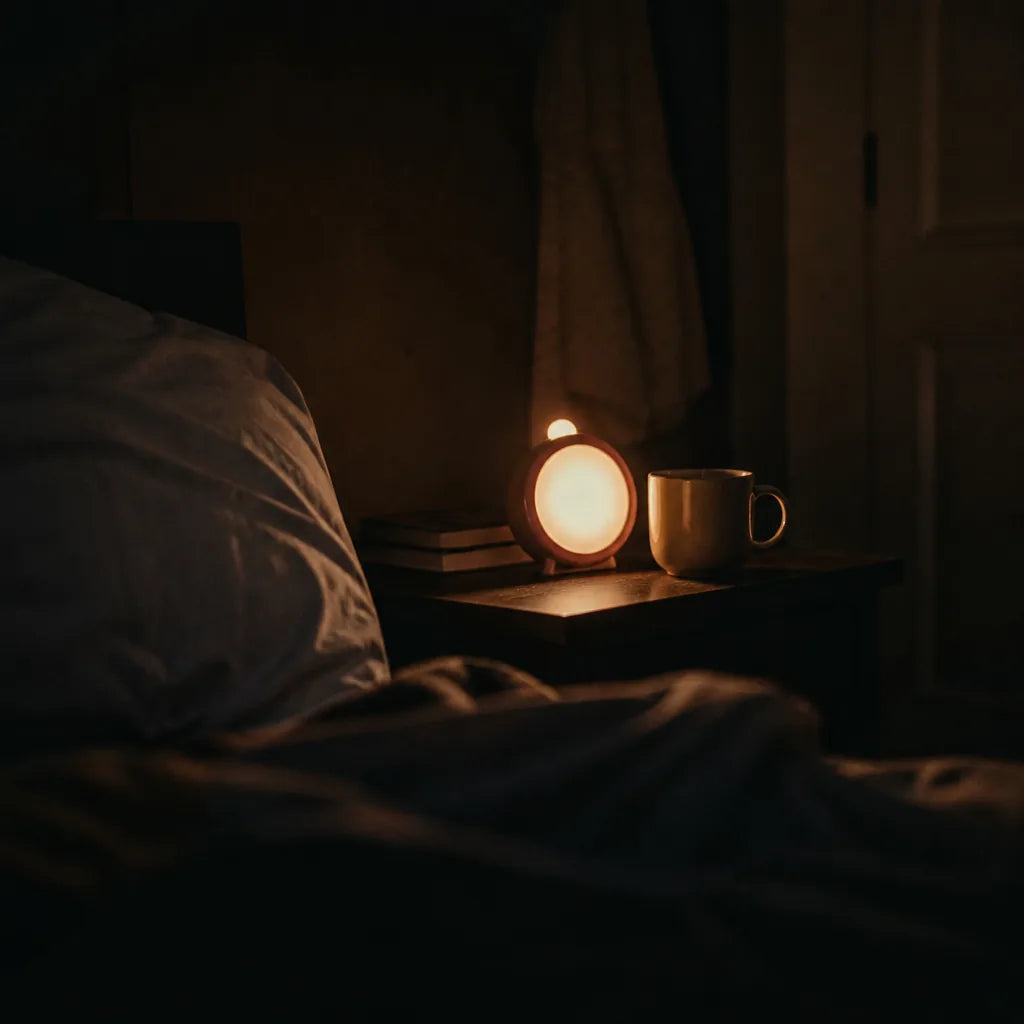 Dark bedroom, clock reading 3:04, mug of cocoa on the nightstand catching the light. 4:5. Moody, filmic, no text baked in.