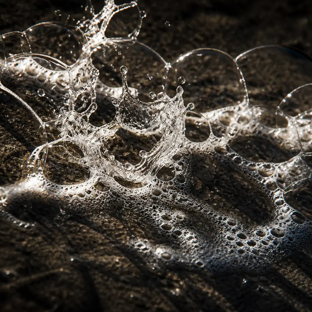 Extreme macro of white foam bubbles bursting on a wet dark surface, hard side light. Abstract, uneasy, high contrast, filmic. No product, no