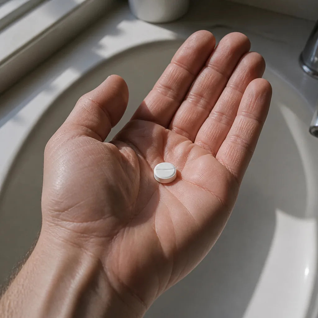A single white tablet resting in an open palm above a bathroom sink, morning light through a window. Close crop, tactile, calm, warm. No pac