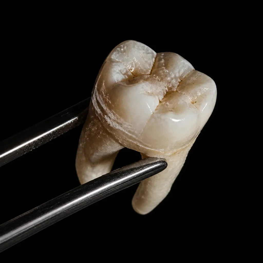 Single molar held in stainless tweezers against a black ground, hard raking light on the enamel. 4:5. Clinical, high contrast, no text baked