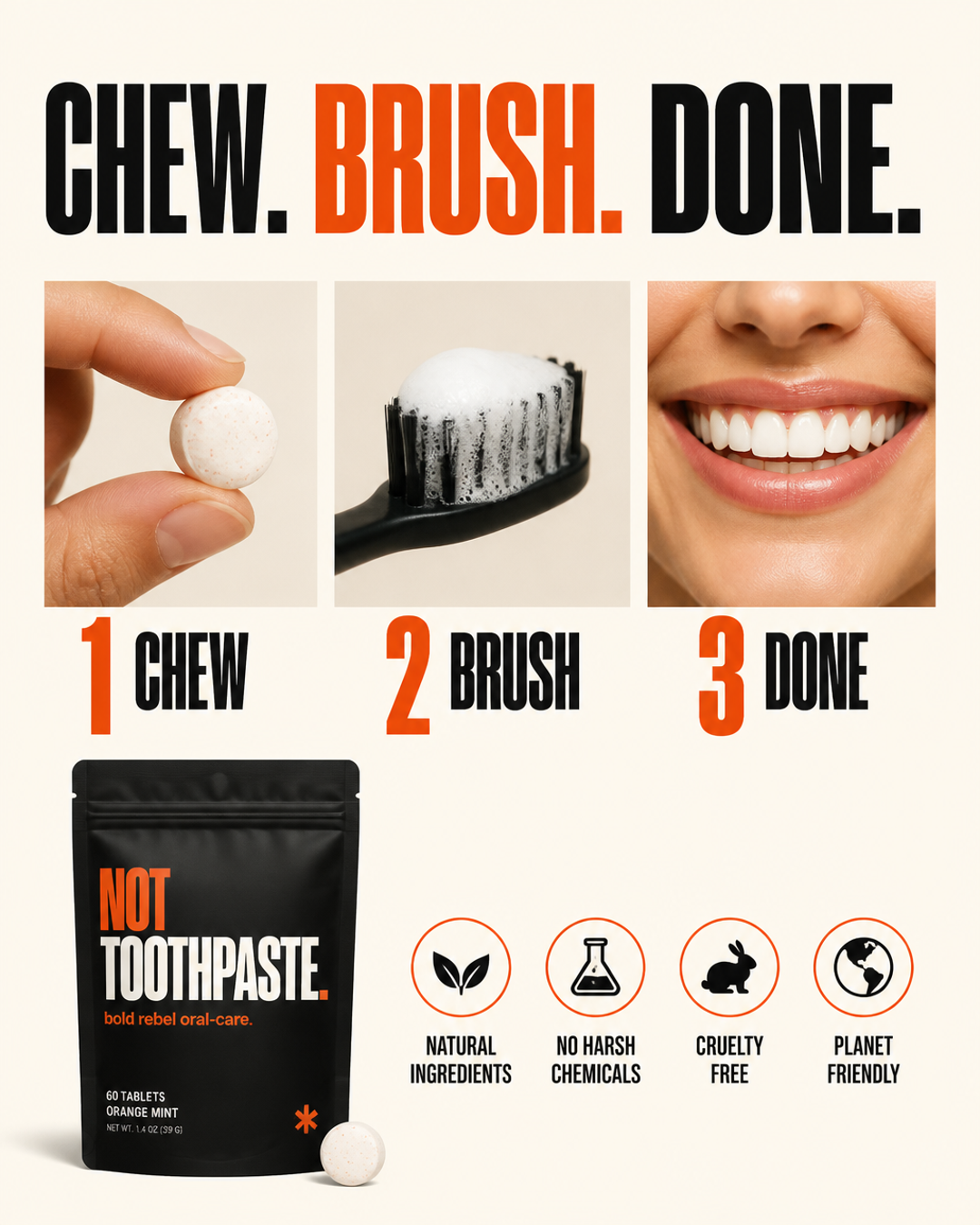 Chew, brush, done