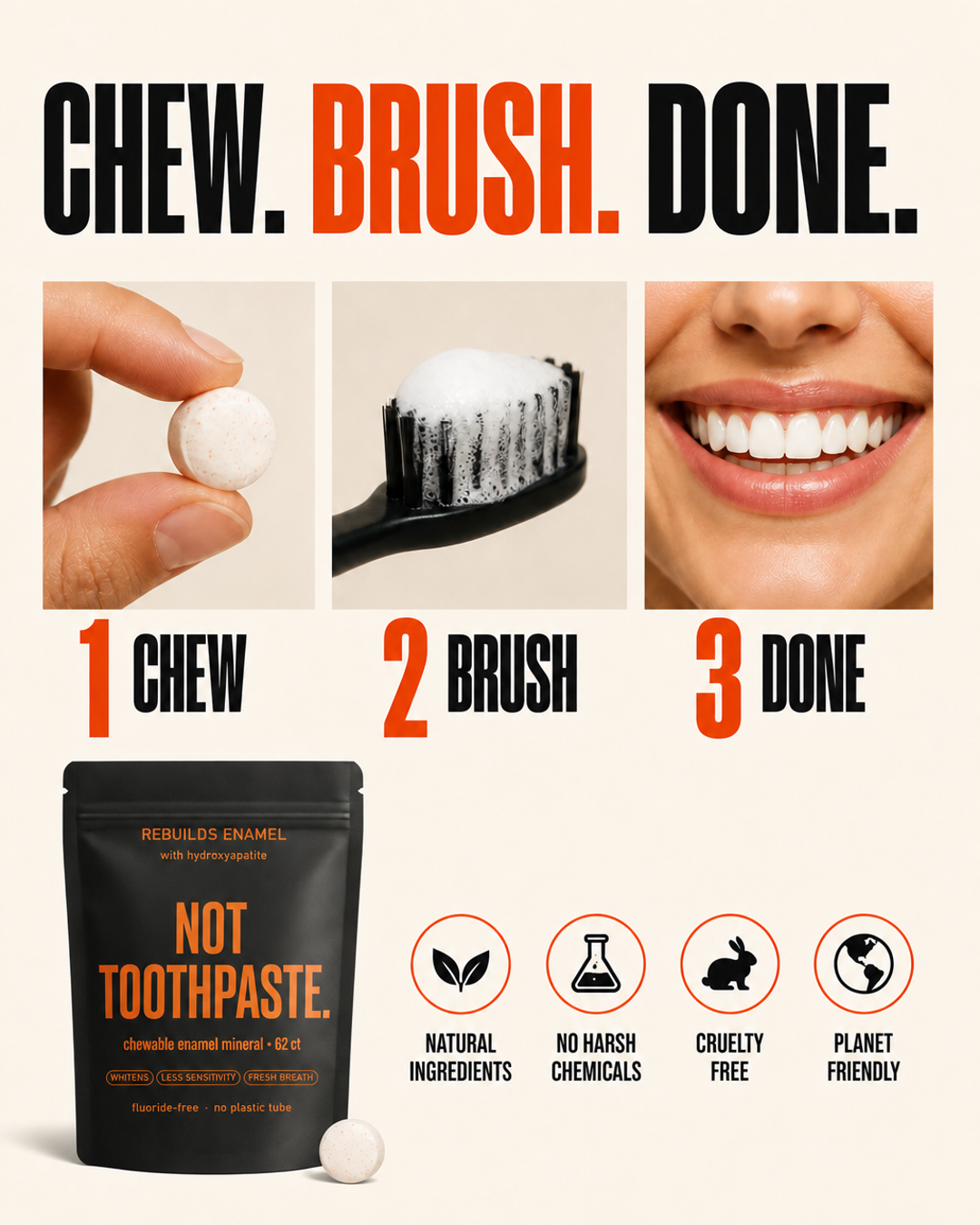 Chew, brush, done