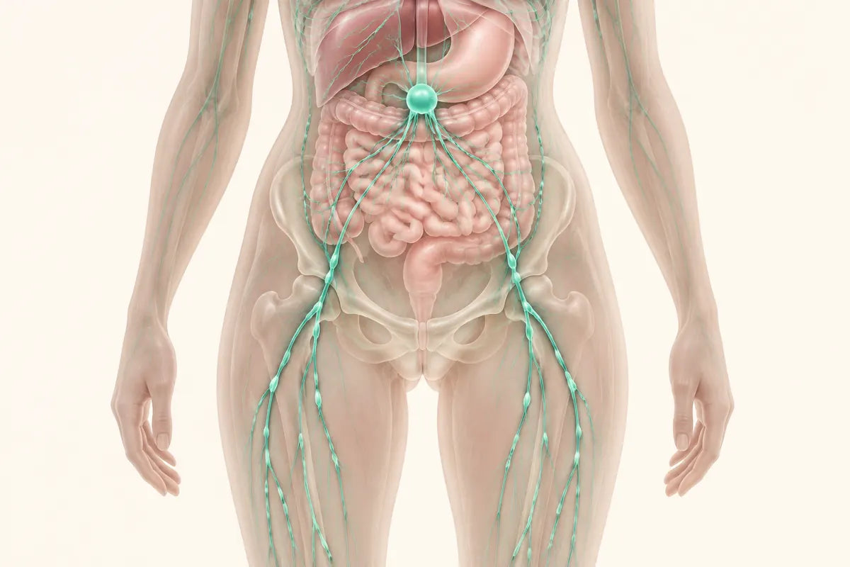Diagram of lymph vessels from both legs and the gut meeting in one sac behind the belly