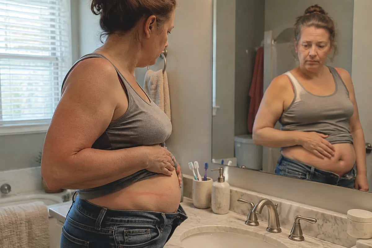Woman around 50 at a bathroom mirror pressing on her lower belly, a waistband line on her skin