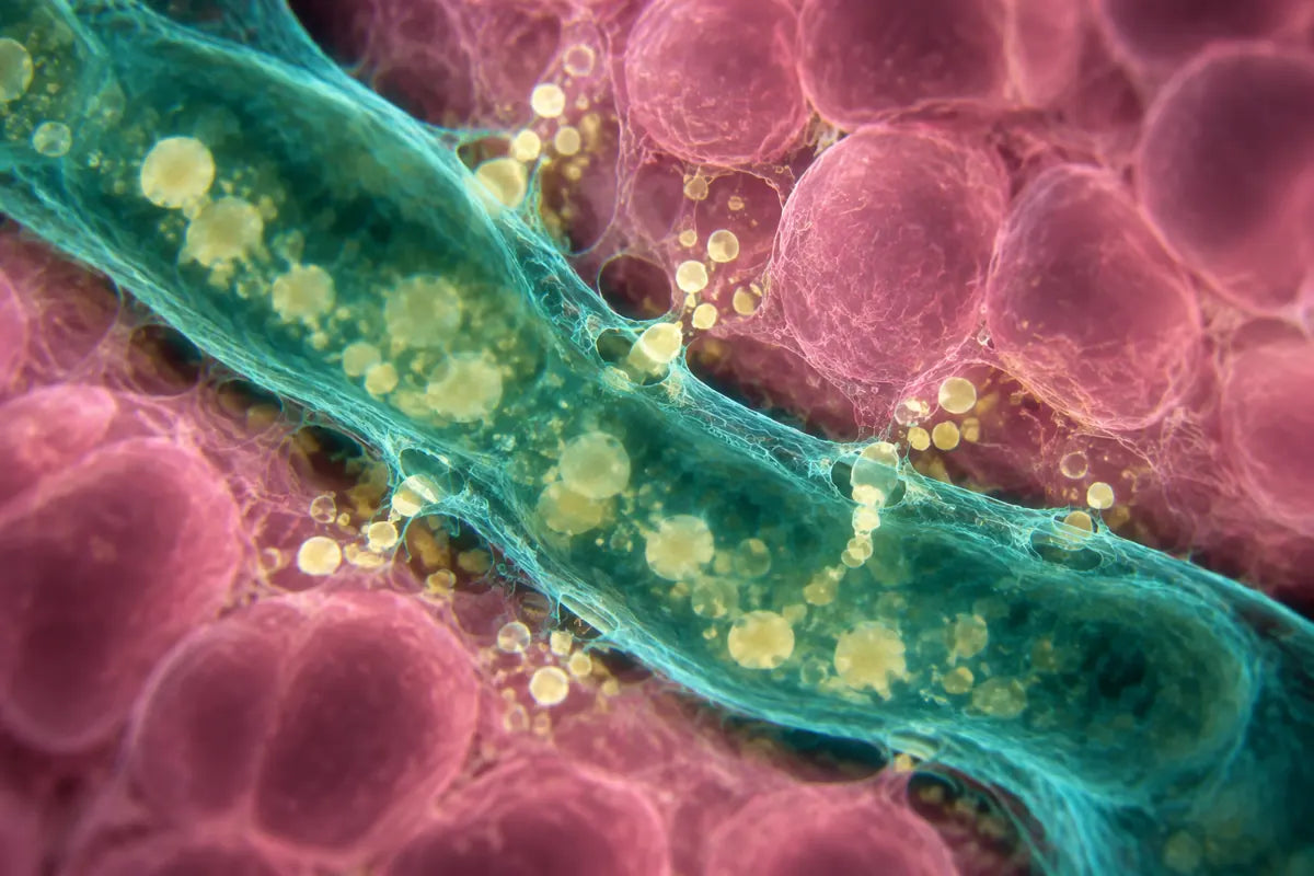 Microscope image of a lymph vessel with fatty droplets seeping into the fat cells around it
