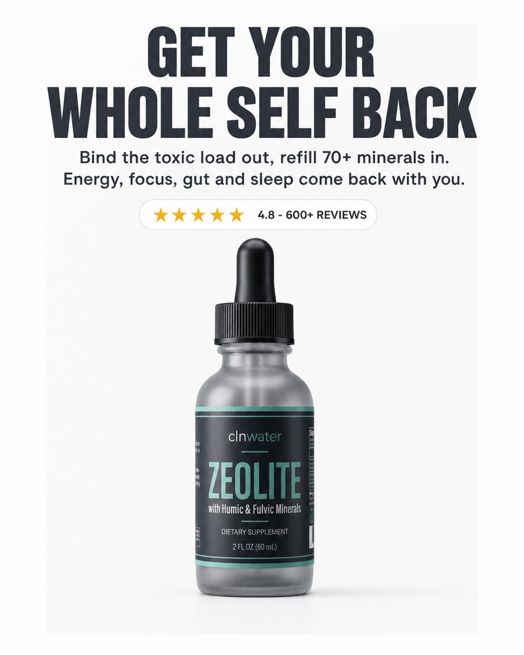clnwater Zeolite with Humic & Fulvic Minerals dropper bottle, front