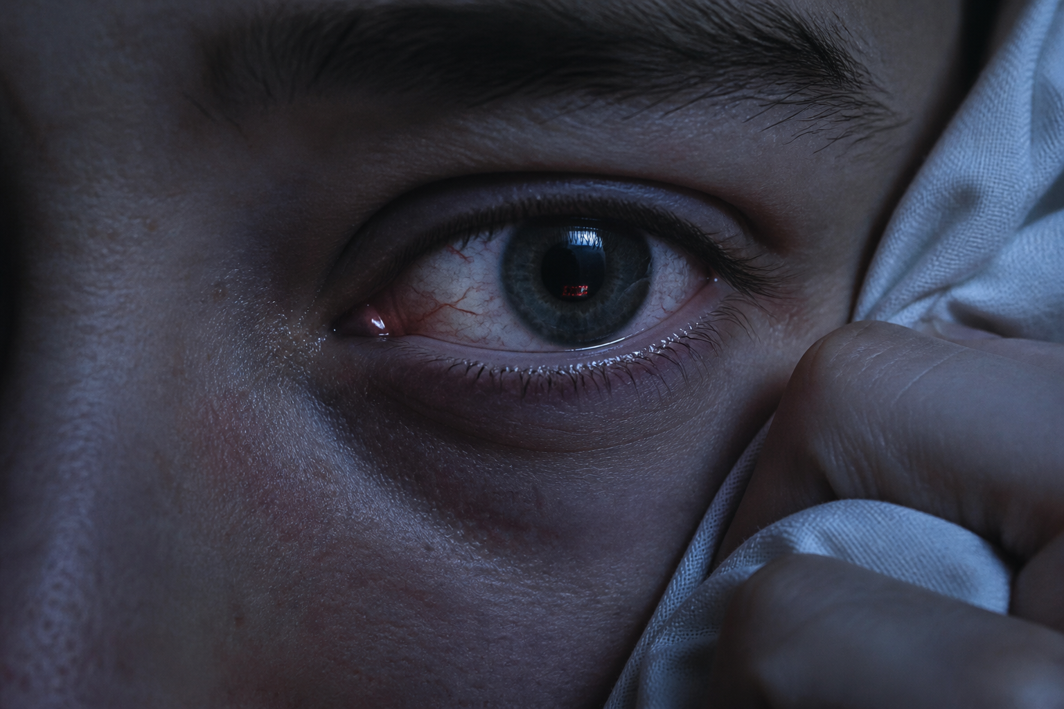 Bloodshot eye lit by a phone screen late at night
