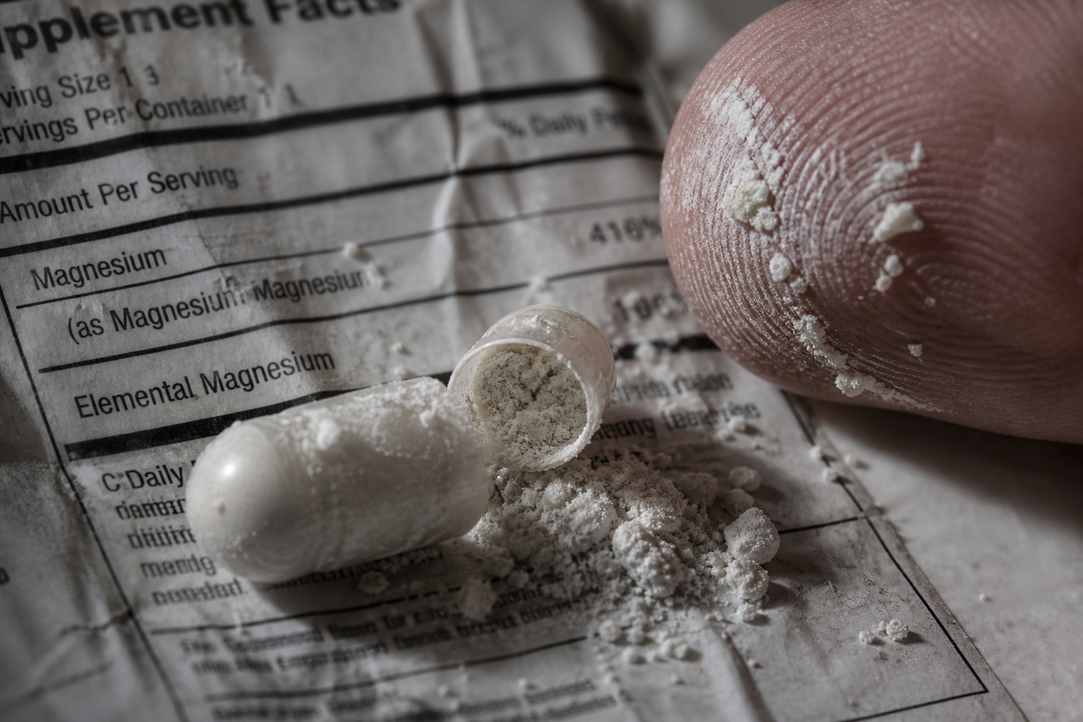 Broken magnesium capsule and powder pressed into a Supplement Facts label