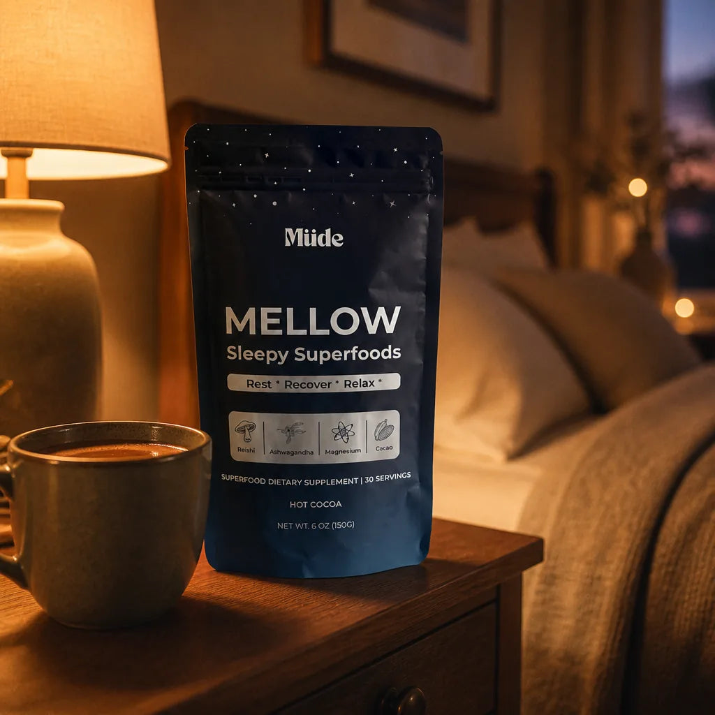 Mellow pouch and a warm mug of cocoa on a wooden nightstand at dusk