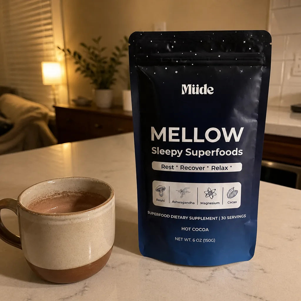 Customer photo of the Mellow pouch on a kitchen counter next to a mug of cocoa