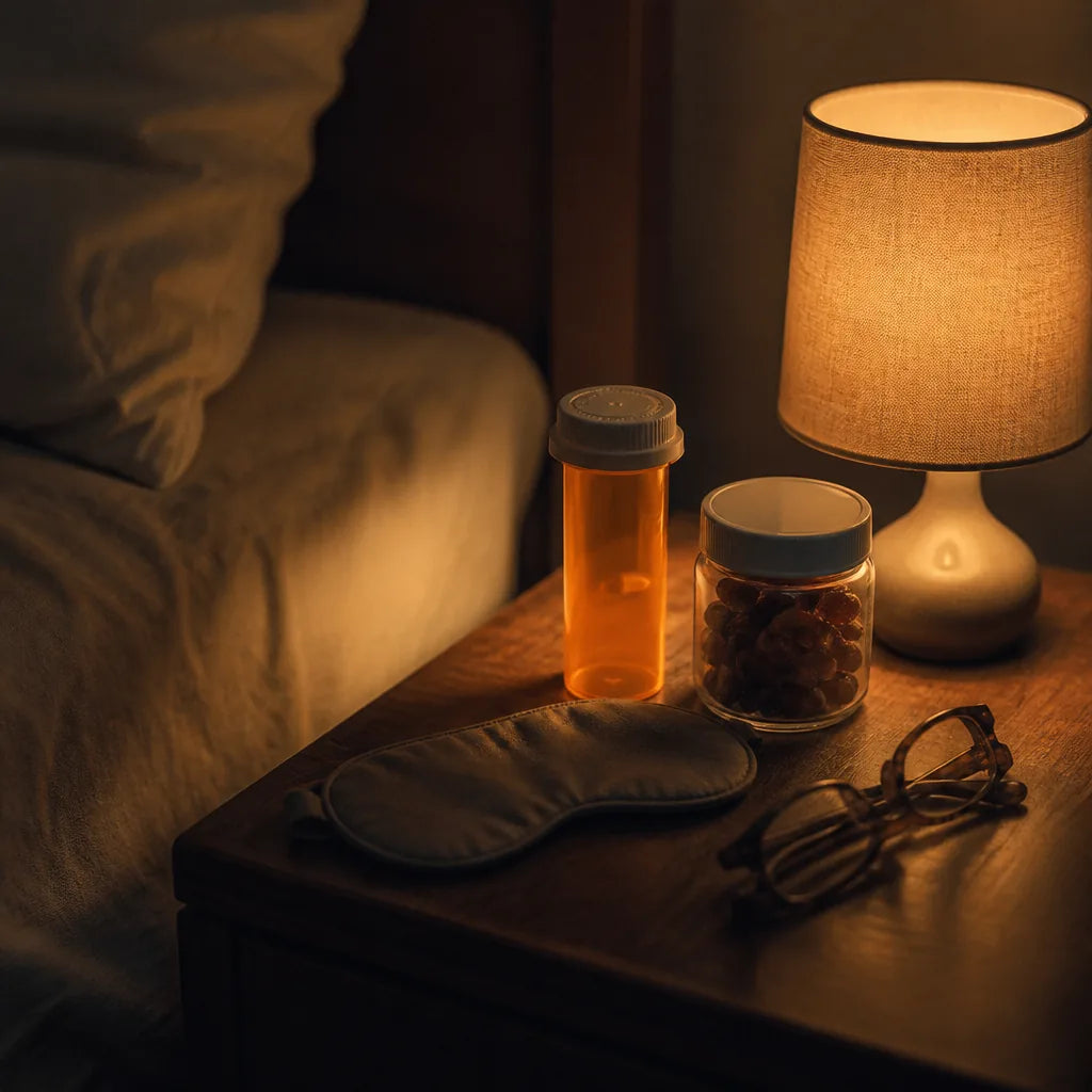 Nightstand at night with a pill bottle, a jar of gummies, a sleep mask and reading glasses under lamplight