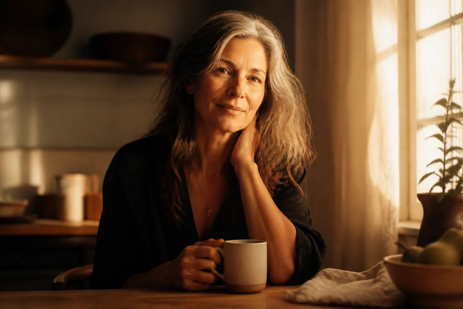 Woman in her late fifties at a sunlit kitchen table with her first coffee of the morning
