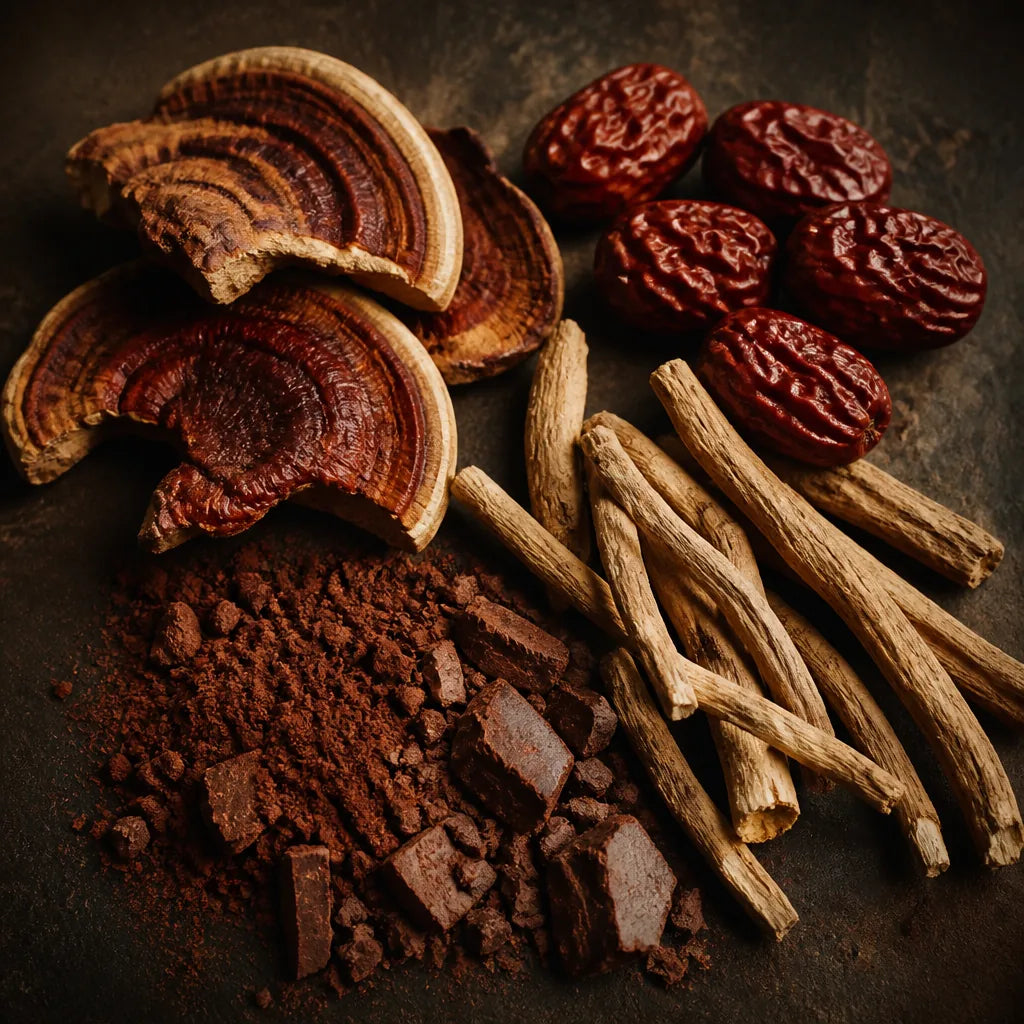 Overhead view of reishi mushroom slices, dried red jujube dates, ashwagandha root and cacao on dark slate