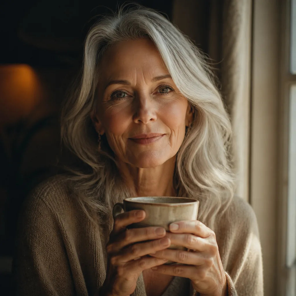 Close portrait of a woman in her early sixties by a bright window, clear-eyed, holding her first coffee