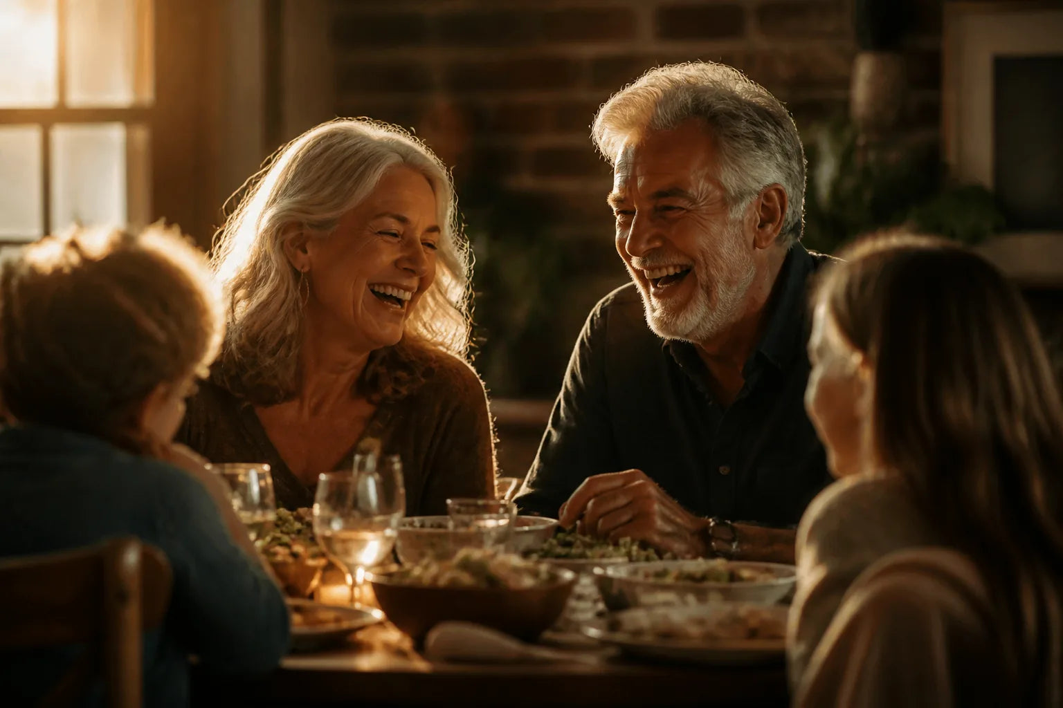 Couple in their sixties laughing at a family dinner table with grandchildren in golden evening light