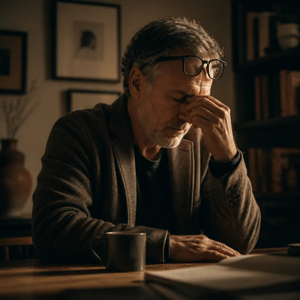 Man in his late fifties at a home desk mid-afternoon, glasses pushed up, rubbing the bridge of his nose