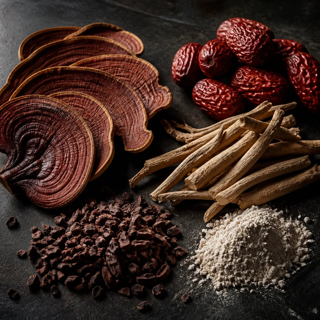 Reishi mushroom slices, dried jujube dates, ashwagandha root, raw cacao and magnesium powder arranged on dark slate