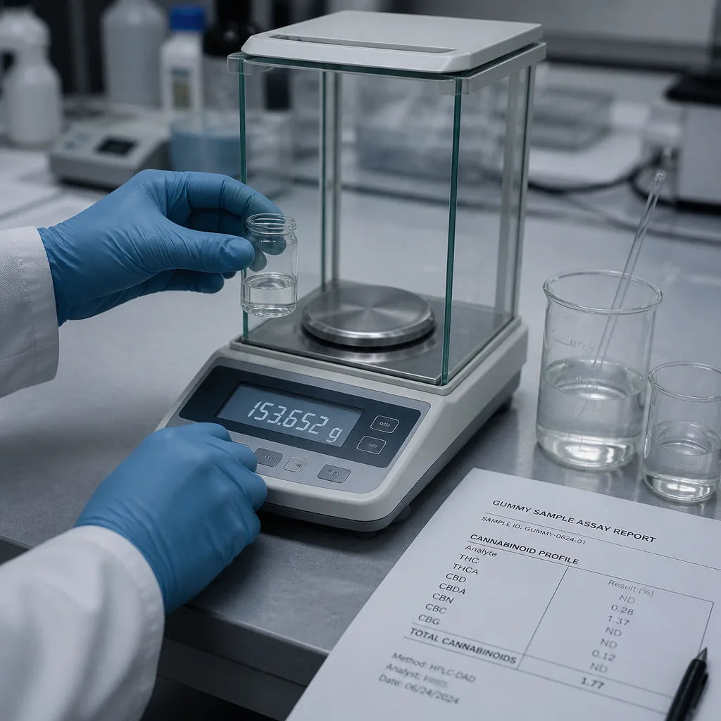 Gloved hands weighing a dissolved gummy sample on an analytical balance beside a printed assay report