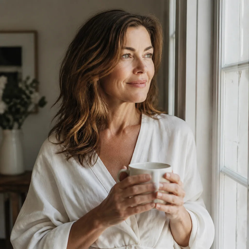 Woman in her forties by a bright window with her first coffee, clear-eyed in soft morning light