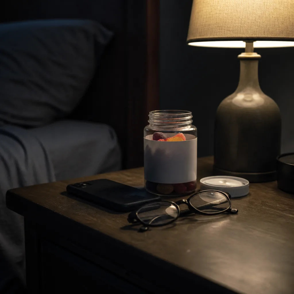 Nightstand at night with a half-open jar of gummies, reading glasses and a phone under a single lamp