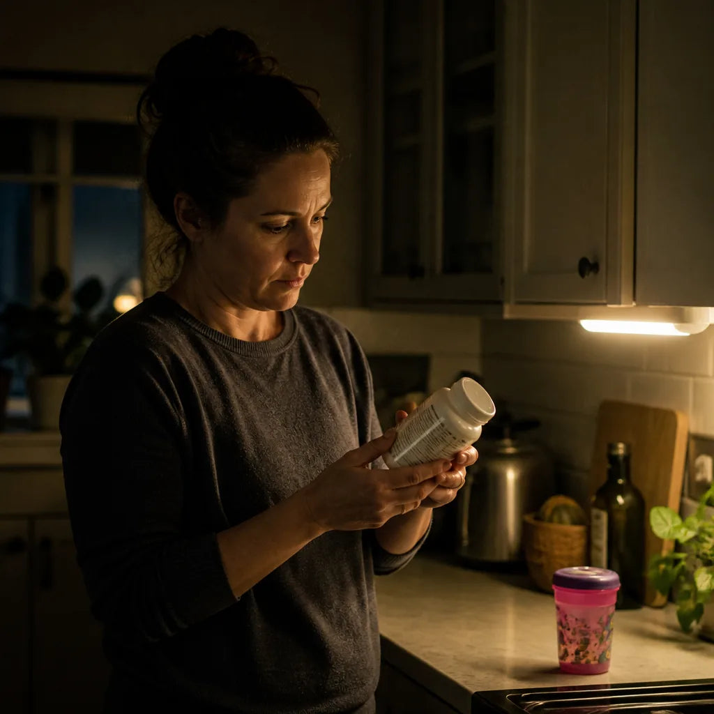 A parent in a dim kitchen at night reading the back label of a supplement bottle, a child's cup on the counter
