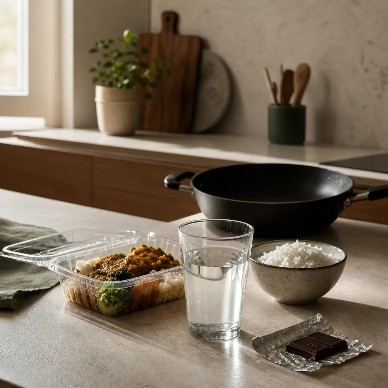 A kitchen counter with packaged diet foods and meal-prep ingredients