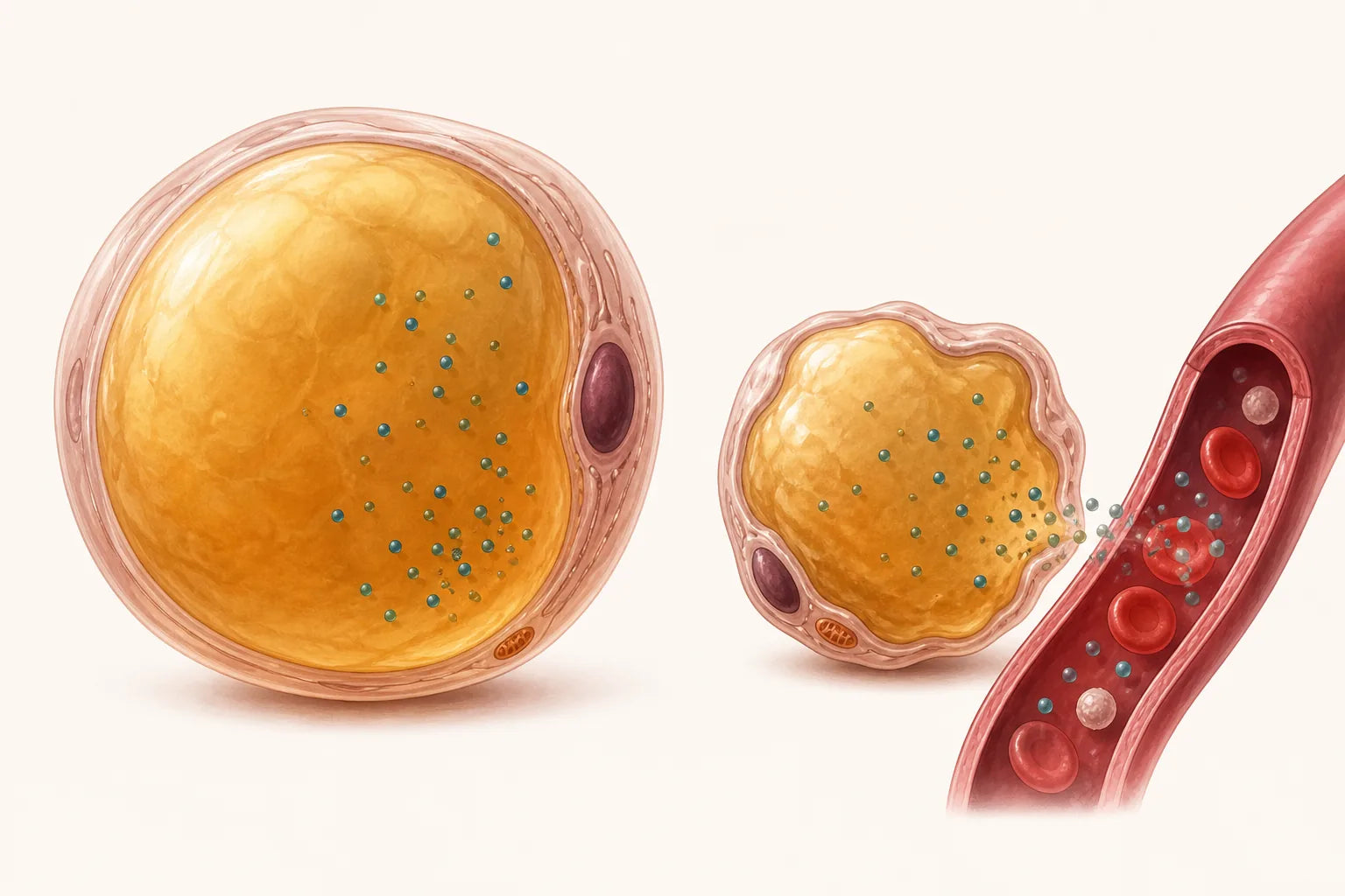 Illustration showing stored compounds moving from shrinking fat tissue toward circulation