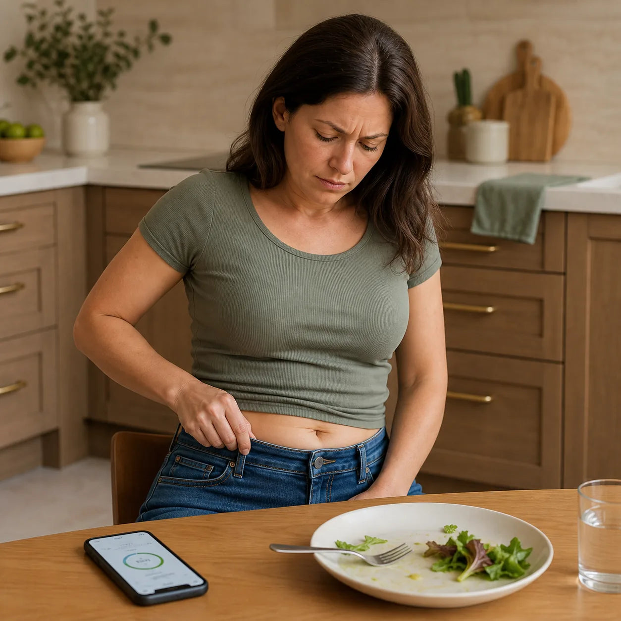 Woman feeling bloated after finishing a small salad while tracking calories