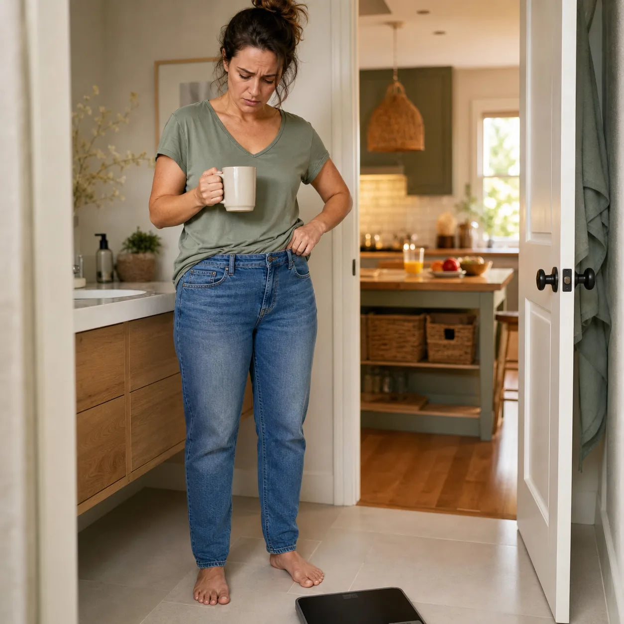 Tired woman checking tight jeans beside a scale after drinking detox tea