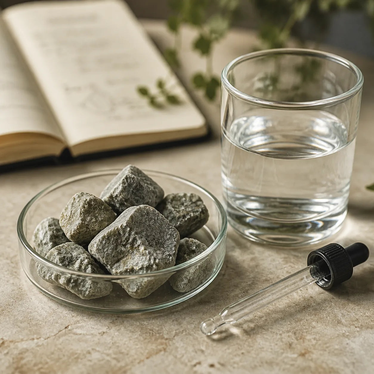 Natural clinoptilolite zeolite beside water and a glass dropper